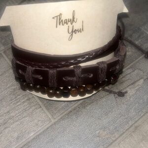 Men's Layered Dark Brown Leather & Bead Bracelet Set